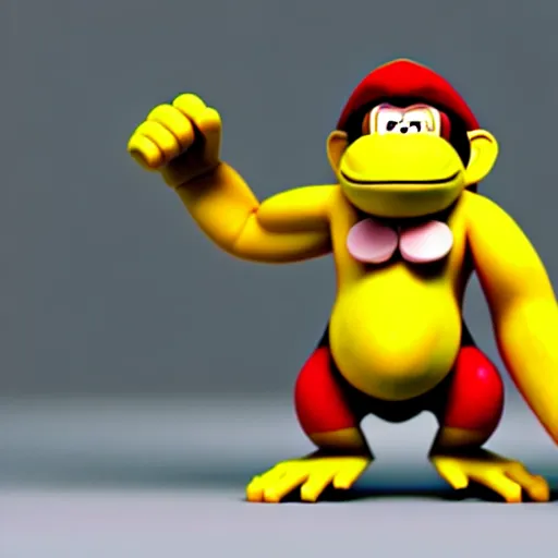 Prompt: Donkey Kong. A banana on the ground, Donkey Kong is standing on the banana. 3D render