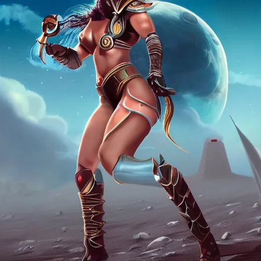 Prompt: beautiful gladiator woman fight on moon, hd, hdr, amoled, 4 k, digital art, artstation, photorealistic, hyperrealism, 3 d