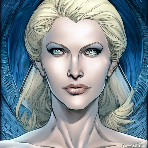 Prompt: Portrait of Emma Frost, a beautiful woman in her 30s, with white blonde hair and blue eyes, symmetrical face, detailed face, delicate features, graphic novel, art by Ardian Syaf,