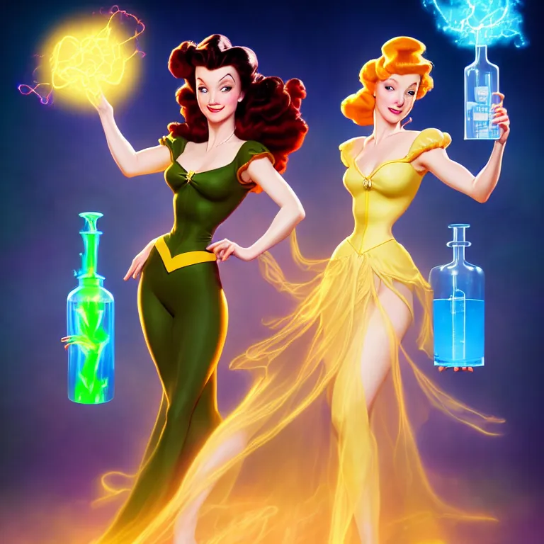 Prompt: key visual of an attractive sorceress holding two flasks full of glowing liquid, mad scientist's lab background, by gil elvgren and stanley lau, disney princess style, epic, 4 k, hdr, cinematic