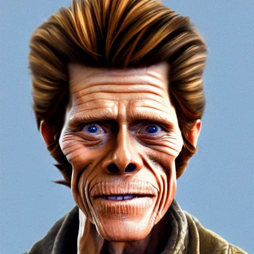 Image similar to photo portrait of willem dafoe cosplaying as postal dude, willem dafoe, realistic, hyperrealistic, 8 k resolution, hd quality, very detailed, highly detailed, intricate details, real life, real world, trending on artstation, digital art, really realistic, very realistic, headshot, head in frame, photograph, portrait, head in frame