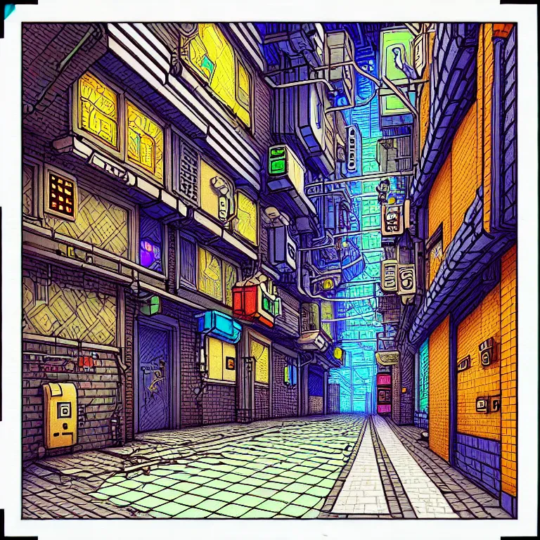 Prompt: an absurdly-detailed isometric cyberpunk alleyway colored-pen drawing as a fancy square tile