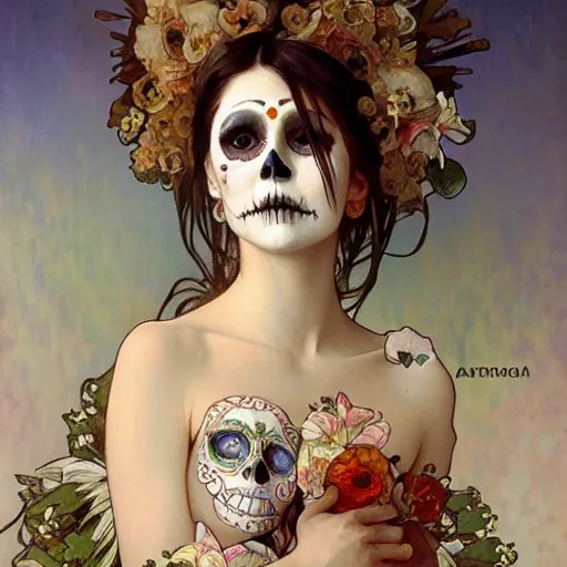 Prompt: realistic detailed painting of a cute Día de los Muertos girl by Alphonse Mucha Ayami Kojima Amano Charlie Bowater HR Giger, masterpiece