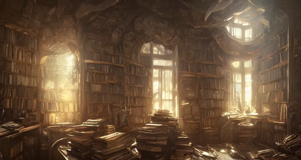 Prompt: magepunk book library interior by eugene von guerard, ivan shishkin, dramatic lighting, concept art, trending on artstation