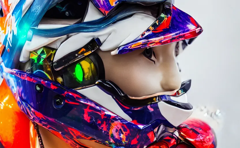 Image similar to beautifully lit extreme close up photo of a white marble statue of an anime girl with colorful motocross logos and motorcycle helmet with closed visor, colorful smoke in the background, carved marble statue, fine art, neon genesis evangelion, virgil abloh, offwhite, denoise, highly detailed, 8 k, hyperreal