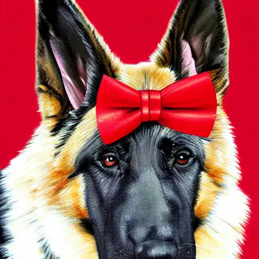 Prompt: german shepherd wearing a tuxedo with a red bow tie, digital art, highly detailed,