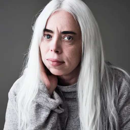 Image similar to dslr photo portrait still of 5 0 year old age 5 0 billie eilish at age 5 0!!!, 8 5 mm f 1. 8