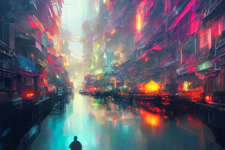 Prompt: a small town with many colorful buildings [ floats in space ]!!, illuminated by multi - colored lights, abstract art, digital art, surrealist, glitch, futuristic city, illustrated by greg rutkowski, realistic