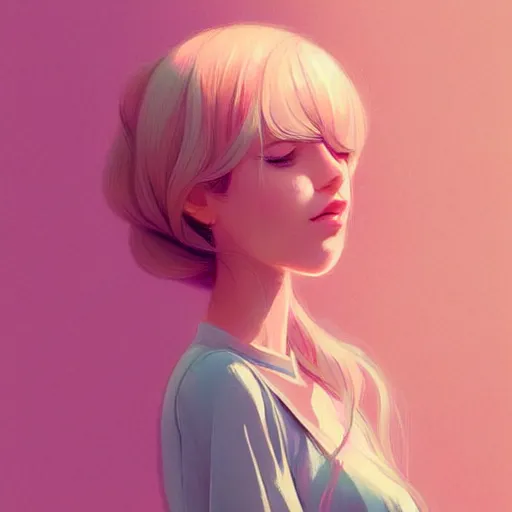 Image similar to young female in summer dress art, pastel light pink long hair, muted colors, matte print, pastel colors, ornate, digital art, digital painting, fan art, elegant, artstation, head is centered, by Ilya Kuvshinov