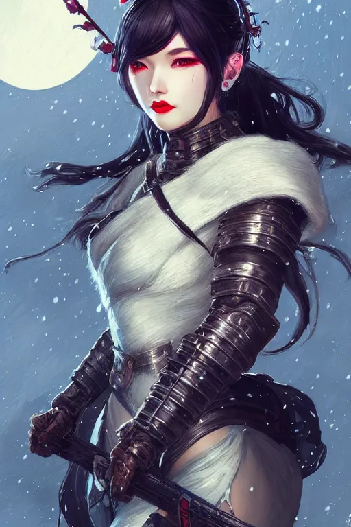 Image similar to portrait ninja gaiden girl, armored dieselpunk wardrobe, at snowy fuji mountain moonlight, fantasy, intricate and very beautiful and elegant, highly detailed, digital painting, artstation, concept art, smooth and sharp focus, cg by tian zi and wlop and alphonse mucha