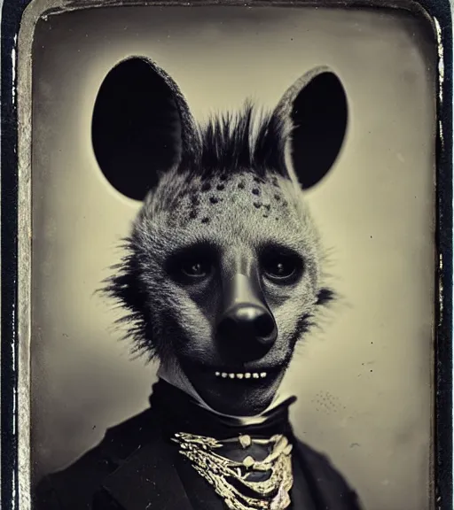 Image similar to professional studio photo portrait of anthro anthropomorphic spotted hyena head animal person fursona wearing elaborate pompous silver skull robes clothes by Louis Daguerre daguerreotype tintype