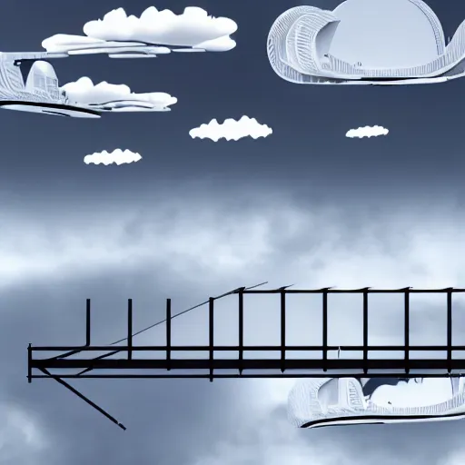 Image similar to cross-section perspective of architecture blueprint copy of floating building, anchored to clouds, bridges connecting clouds, ethereal, amazing. cinematic digital illustration