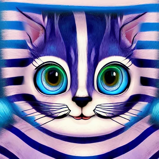 Prompt: cute blue striped cheshire cat. an adorable cat with light blue stripes, blue eyes and a big mischievous smile. stunning digital art by mona sundberg. fluffy, soft