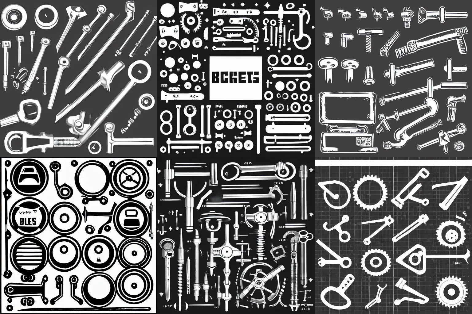 Prompt: wrenches and bolts black and white vintage icons digital vector asset pack