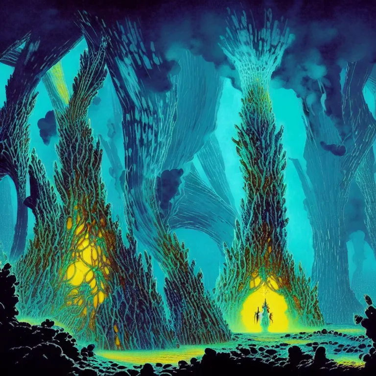 Prompt: the kiln of the first flame from dark souls 3, infinite fractal tesseract, quantum waves, synthwave, bright neon colors, highly detailed, cinematic, eyvind earle, tim white, philippe druillet, roger dean, ernst haeckel, lisa frank, aubrey beardsley, kubrick