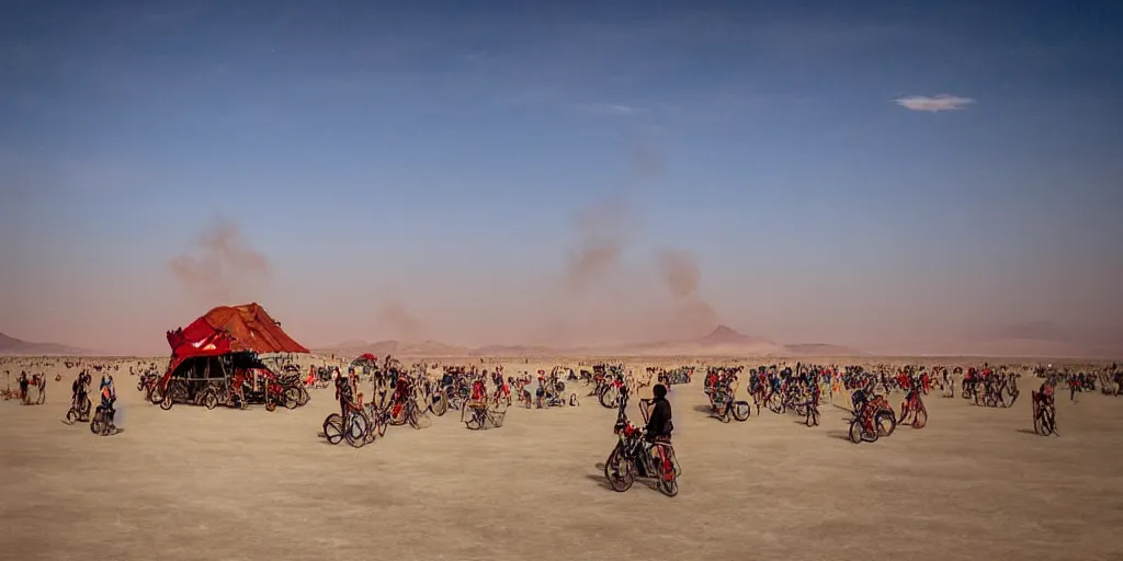 Prompt: of a photography of Burning Man Festival, with blue light dark blue sky, long cloths red like silk, ants are big and they shine on the sunlight, there are sand mountains on the background, a very small oasis on the far distant background along with some watch towers, ants are perfect symmetric insects, man is with black skin, the man have a backpack, the man stands out on the image, the ants make a line on the dunes, the sun up on the sky is strong, the sky is blue and there are some clouds, its like a caravan of a man guiding many ants on the dunes of the desert, colors are strong but calm, volumetric, detailed objects, Arabica style, wide view, 14mm,