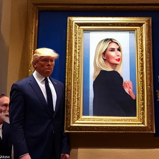 Prompt: FBI agents standing in front Donald’s trump safe in his office with a painting of Ivanka trump hanging over the safe