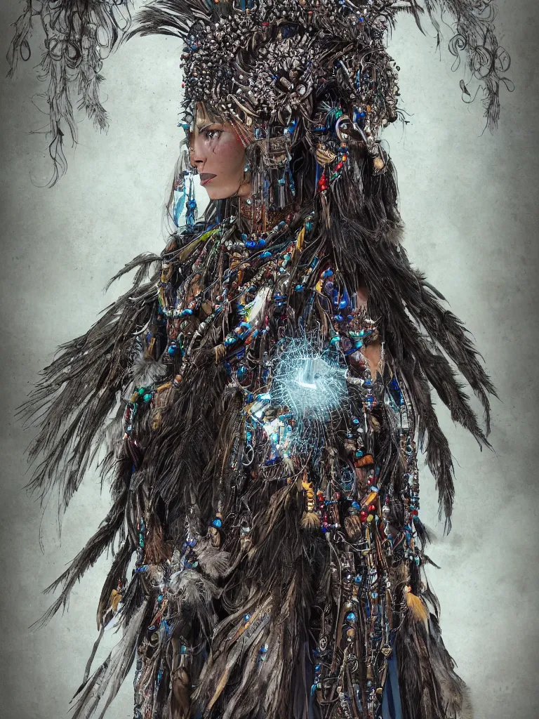 Image similar to A realistic photo centered portrait of a wise and mystical biomech shaman with a head dress made of feathers and beads with dark robes and trinkets of silver casting a magical spell, HD , trending on artstation