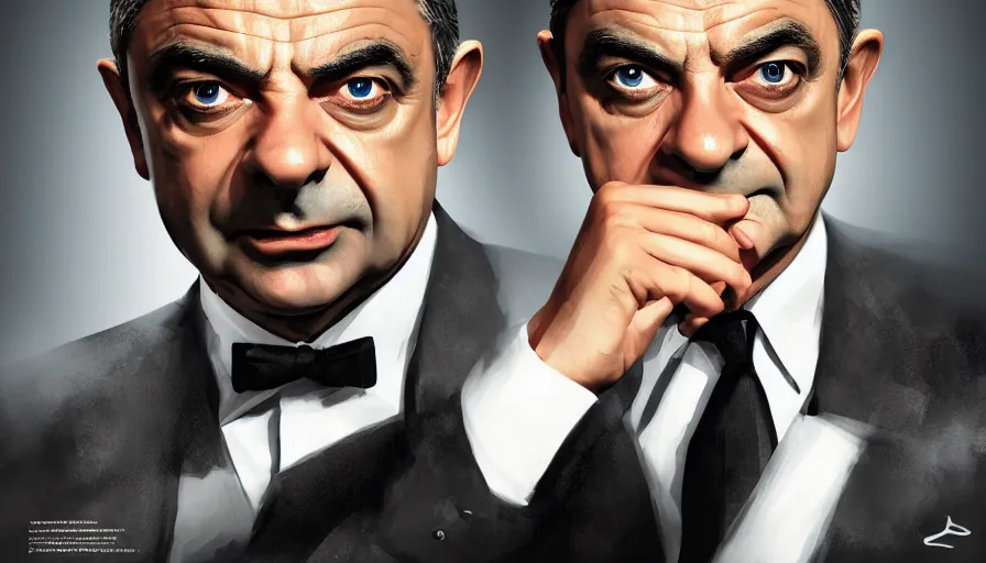 Image similar to Rowan Atkinson is James Bond, hyperdetailed, artstation, cgsociety, 8k