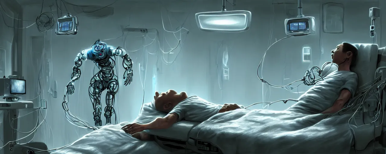 Image similar to an intricate concept art of a man in the hospital waking up in the future, experimental human robot, electronic wires connected to his body concept art, matte painting, style by dylan cole and tyler edlin art, hyper realistic, sci - fi, environment design, low - angle, unreal engine, epic lighting,