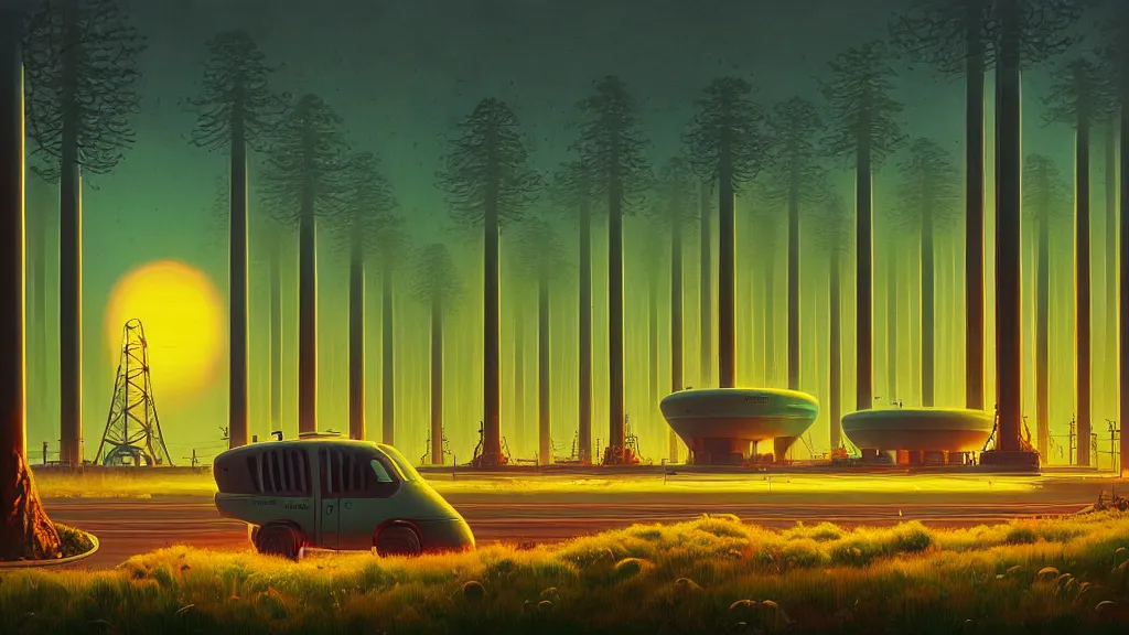 Image similar to Clean, Cheap Abundant,Nuclear Energy Future, Forest in Harmony with Nature; Location: San Francisco, California; by Simon Stålenhag; retro-futuristic ; retro natural-futurism;