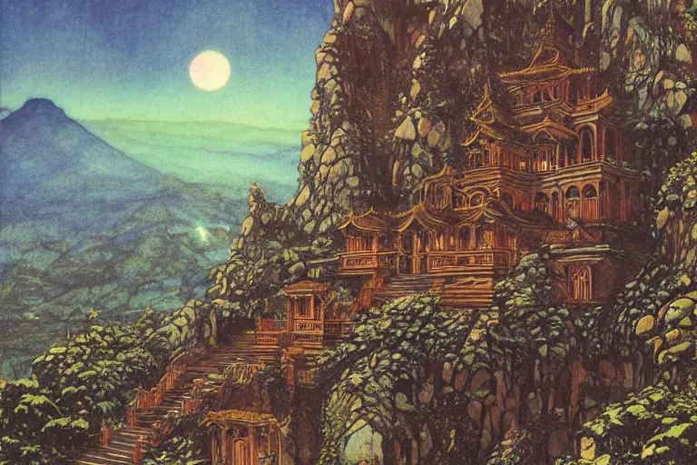 Prompt: ancient temple on a mountaintop at night | by Paul O. Zelinsky and Edmund Dulac and Donato Giancola | ornate carvings| climbing vines| rich color | dramatic cinematic lighting | extremely clear and detailed