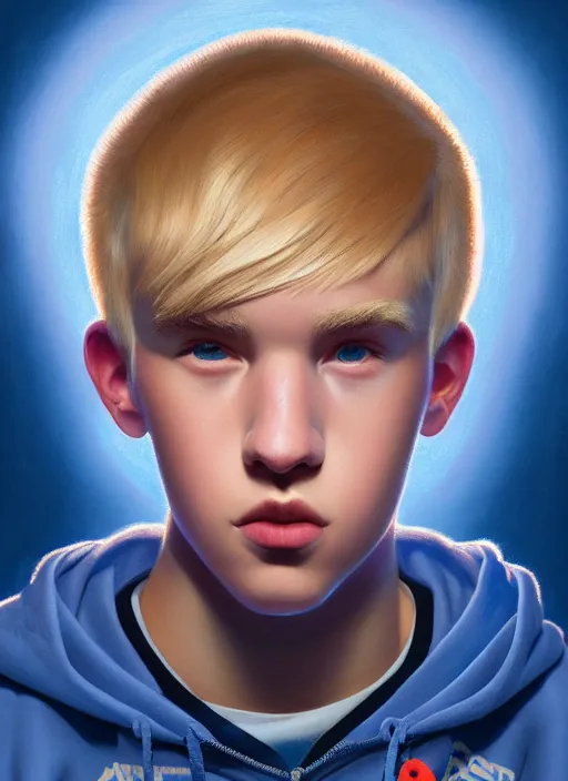 Image similar to portrait of high school senior boy named big moose, blonde short hair, jock, beefy, wide face, square jaw, square facial structure, blue varsity jacket with letter r, intricate, elegant, glowing lights, highly detailed, digital painting, artstation, concept art, sharp focus, illustration, art by wlop, mars ravelo and greg rutkowski