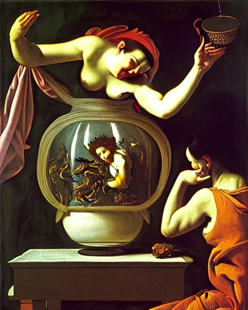 Prompt: a painting of pandora opening her jar, releasing critters that impersonate sickness and death by artemisia gentileschi