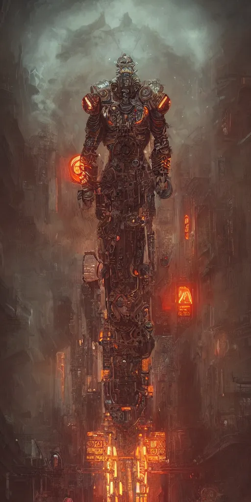 Image similar to concept art, retro - futurist viking cyborg warrior, detailed, ornate, hyper - realistic, towering, imperious size, artstation, dramatic neon lighting, glowing mystical motifs, bladerunner, by gerald brom, james jean, syd mead, akihiko yoshida, cinematic