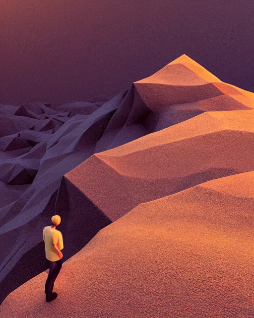 Image similar to a man standing in the middle of a mountain, a low poly render by filip hodas, behance contest winner, environmental art, rendered in cinema 4 d, volumetric lighting, low poly