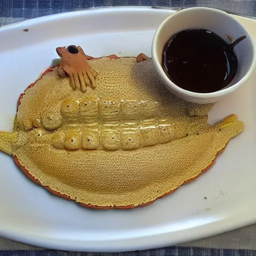 Prompt: !!! crocodile flattened!!! into ( ( ( pancake ) ) )