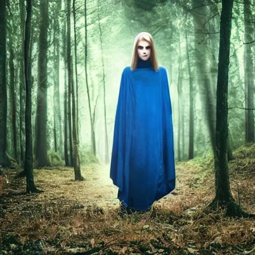 Image similar to cloaked maiden with blue eyes and a beautiful model face in a dark and creepy forest