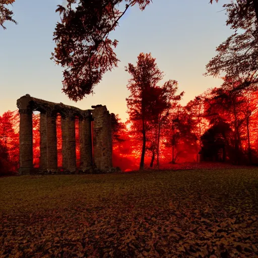 Prompt: leaves blow in the wind. a red glow rises from some ruins nearby.