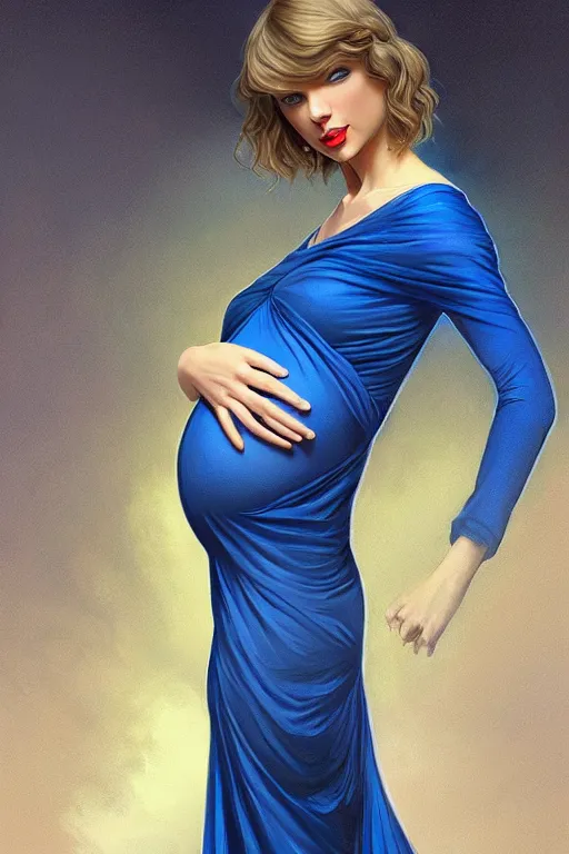 Prompt: pregnant taylor swift in a blue dress, realistic portrait, symmetrical, highly detailed, digital painting, artstation, concept art, smooth, sharp focus, illustration, cinematic lighting, art by artgerm and greg rutkowski and alphonse mucha