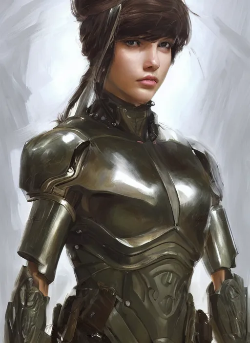 Image similar to a professional painting of a beautiful young female, clothed in military armor, olive skin, long dark hair, beautiful bone structure, symmetrical facial features, intricate, elegant, digital painting, concept art, smooth, sharp focus, illustration, from Metal Gear, by Ruan Jia and Mandy Jurgens and Artgerm and William-Adolphe Bouguerea