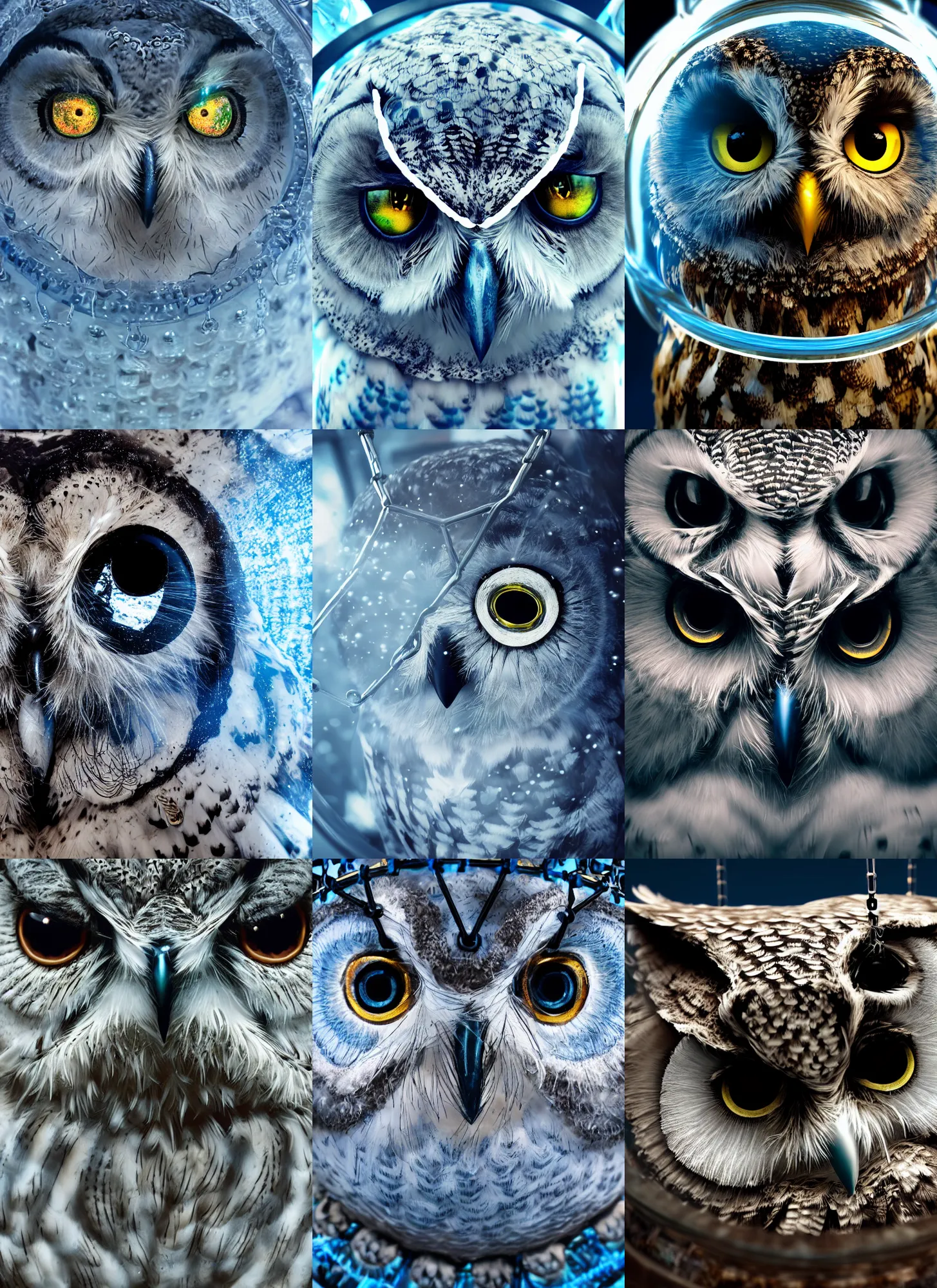 Prompt: closeup photo of the face an owl inside a glass jar that is swinging on chains, intricate detail, volumetric lighting, epic composition, hyper detailed, ultra realistic, sharp focus, octane render, volumetric, ray tracing, sense of awe, swirling mist, blue moon