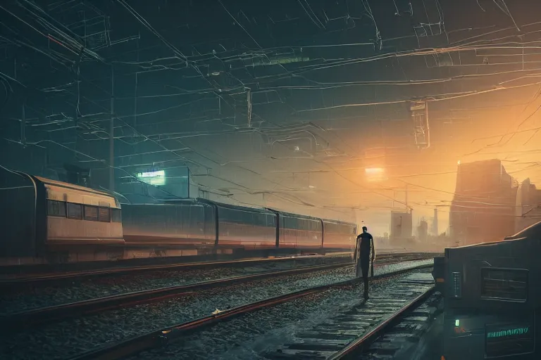 Image similar to a man standing in front of a train on a train track, cyberpunk art by mike winkelmann, trending on cgsociety, retrofuturism, reimagined by industrial light and magic, darksynth, sci - fi