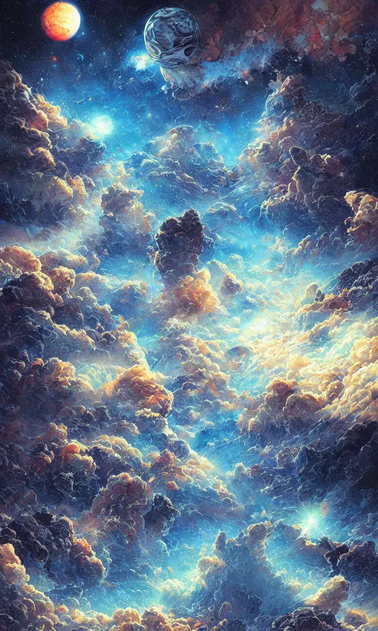 Image similar to life and death from space, the seventh planet, blue sky, clouds by android jones