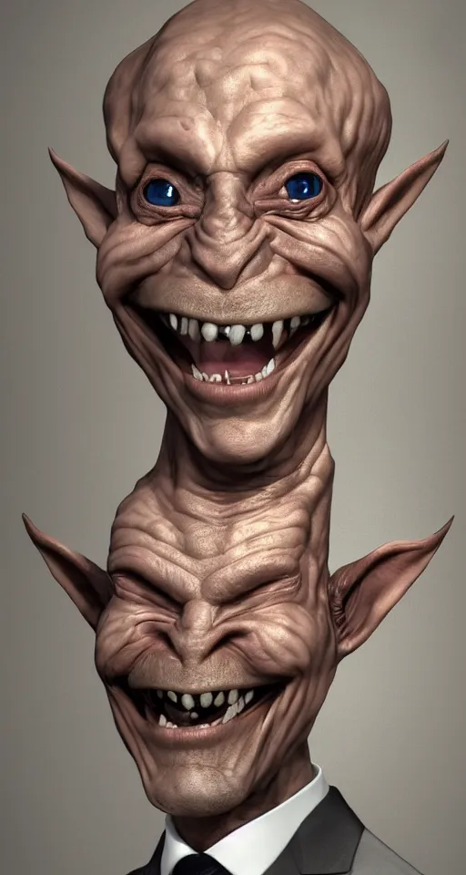 Prompt: a hyper realistic portrait of a smiling male alien in a suit for advertisement, artstation