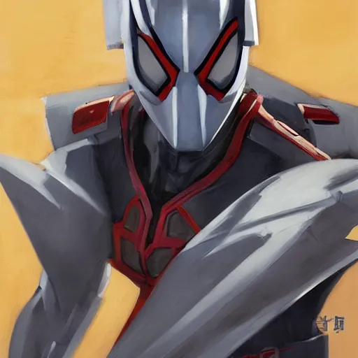 Image similar to greg manchess portrait painting of armored spiderman ultraman grey fox from metal gear cyborg japanese - american hybrid as overwatch character, medium shot, asymmetrical, profile picture, organic painting, sunny day, matte painting, bold shapes, hard edges, street art, trending on artstation, by huang guangjian and ail elvgren and sachin teng