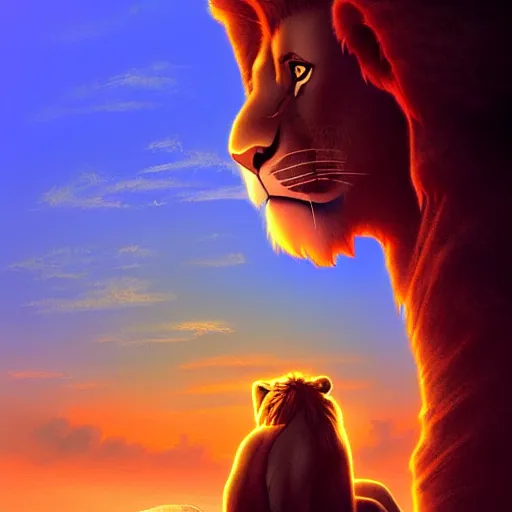 Image similar to the lion king watching the sunset from a cave, digital art, trending on artstation, HDR