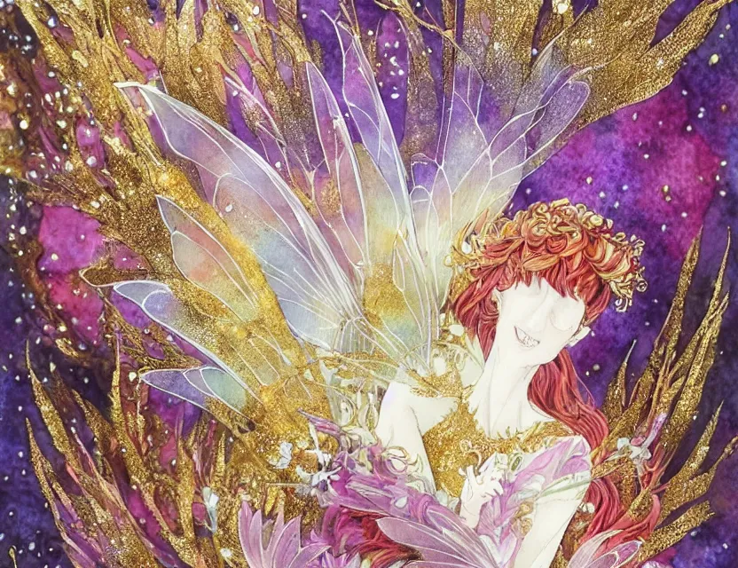 Image similar to faerie bird in a crystal cave. this watercolor and gold leaf work by the award - winning mangaka has a beautiful composition and intricate details.