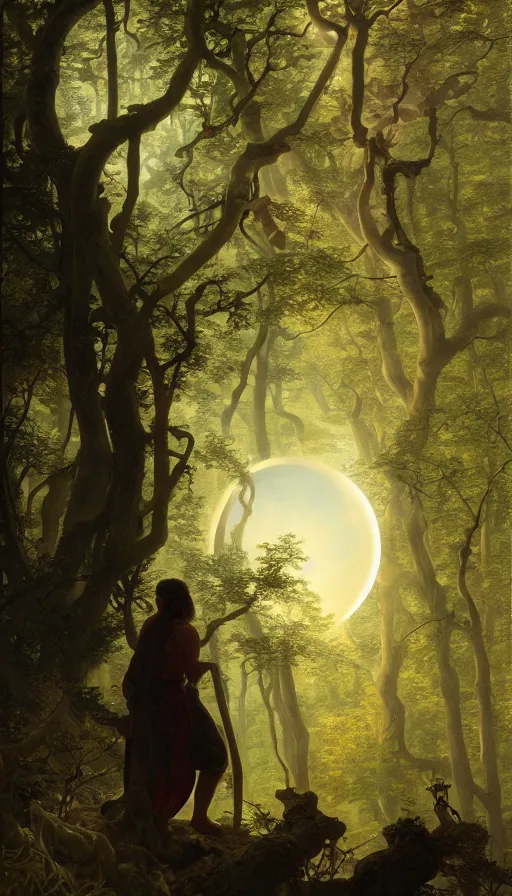 Image similar to A mythical person viewing at a solar eclipse from a primordial forest. Highly detailed, digital painting, artstation, concept art, sharp focus, illustration, art by Jan Brueghel the Elder, greg rutkowski and alphonse mucha.