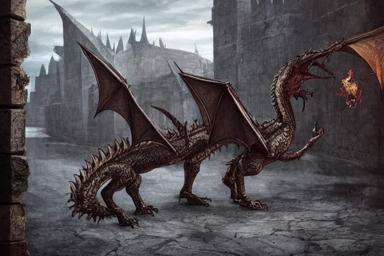 Prompt: photo of sad dragon from game of thrones with the background of the sreets of depressive soviet commieblocks houses, photorealism,