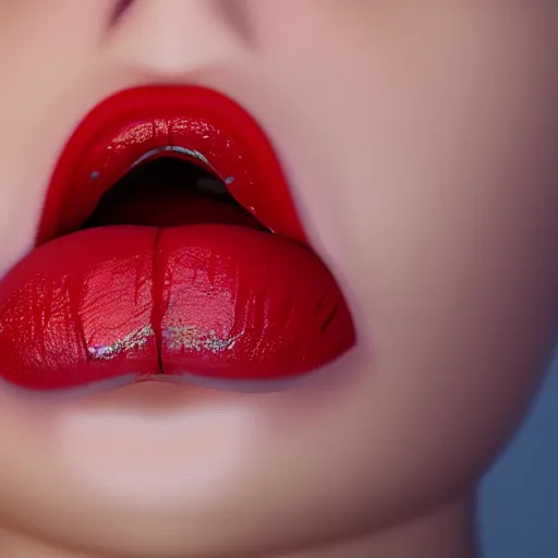 Image similar to a 3 d render of a lusty blonde woman with lucious red lips opening her mouth and sticking out her tongue ue 4 photorealism artstation