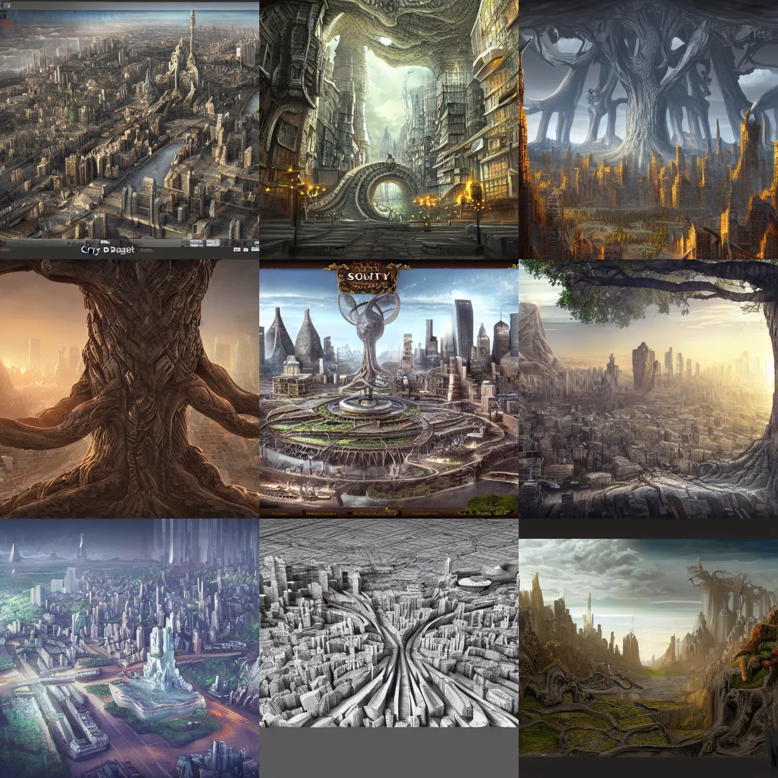 Prompt: digital matte painting city carved out yggdrasil