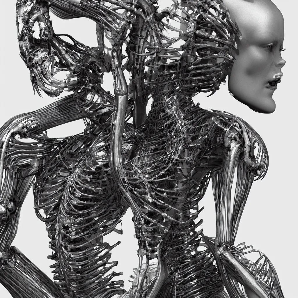 Image similar to a beautiful female is infected with a biomechanical suit, octane render, hyper realistic, art by hr giger, full profile, multiple angles