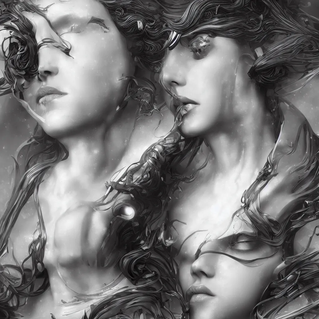 Prompt: a dramatic art nouveau edged bust portrait of a seductive alien space goddess, perfectly symmetrical facial features, beautiful confident eyes, photorealism, by adam hughes, frank frazetta and james cameron, sensual volumetric lighting, vray render, zbrush, artstation, deviantart, season of mist, blade runner, the matrix