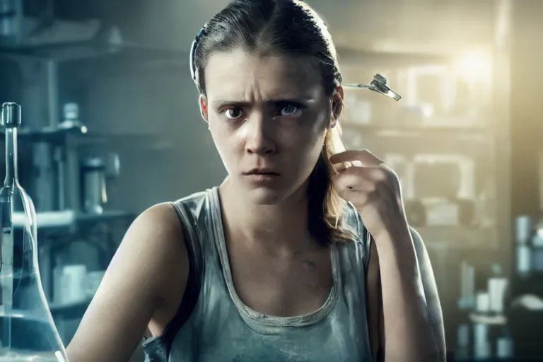 Prompt: promotional image from a dystopian sci - fi movie, a young woman wearing a dirty tank top, in a dark dystopian lab, muted colors, very dark, medical equipment, 8 k, cinematic, dramatic lighting, very detailed face, movie still frame, promotional image, imax 7 0 mm footage