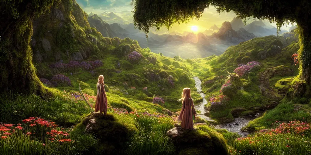 Image similar to a fairy in the lord of the rings scenery landscape, looking out at a vast lush valley flowers and homes made of mushrooms, mysterious ， stream, sunrise, wallpaper ， god's rays highly detailed, vivid color, cinematic lighting, perfect composition, 8 k, gustave dore, derek zabrocki, greg rutkowski, belsinski, octane render